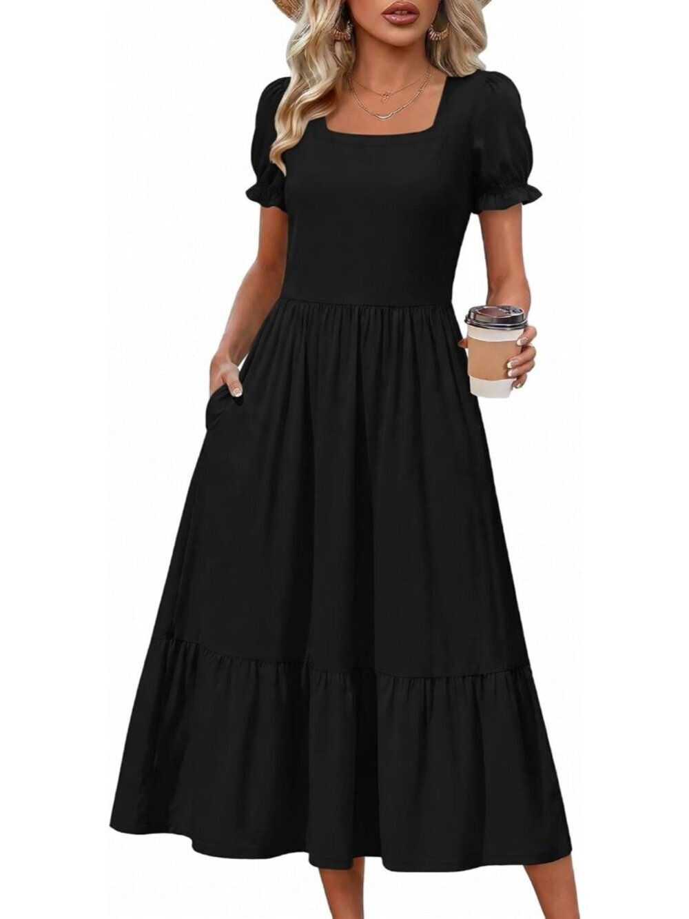 Zeagoo Women's Black Floral Flowy Casual Short Sleeve Tiered Midi Maxi Dress